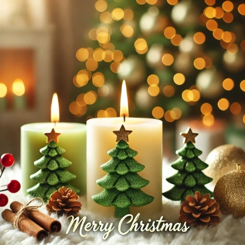 dall_e_2024-12-25_13_29_28_-_a_warm_festive_indoor_christmas_scene_featuring_soy_candles_in_the_shape_of_green_christmas_trees__one_candle_is_lit_with_a_soft_steady_flame_emitt